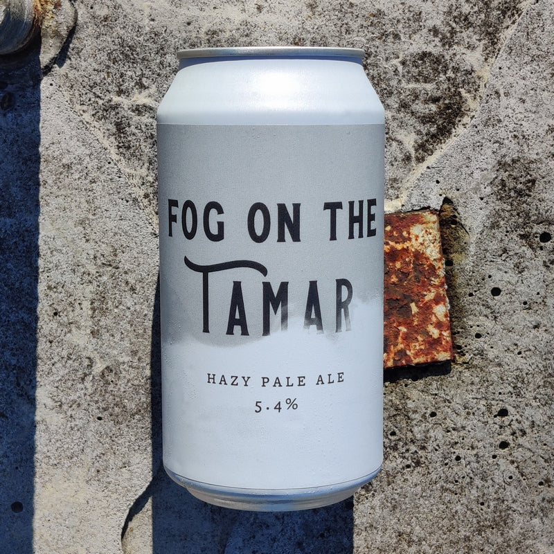This is a photo of a white can of beer that has been made by Miners Gold Brewery and it is called Fog On The Tamar. The beer is a Hazy Pale Ale and is 5.4% ABV