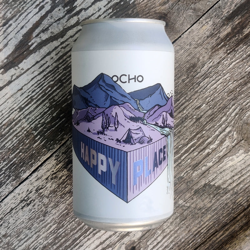 This is a photo of a white can of beer that has been made by Ocho and it is called Happy Place. 