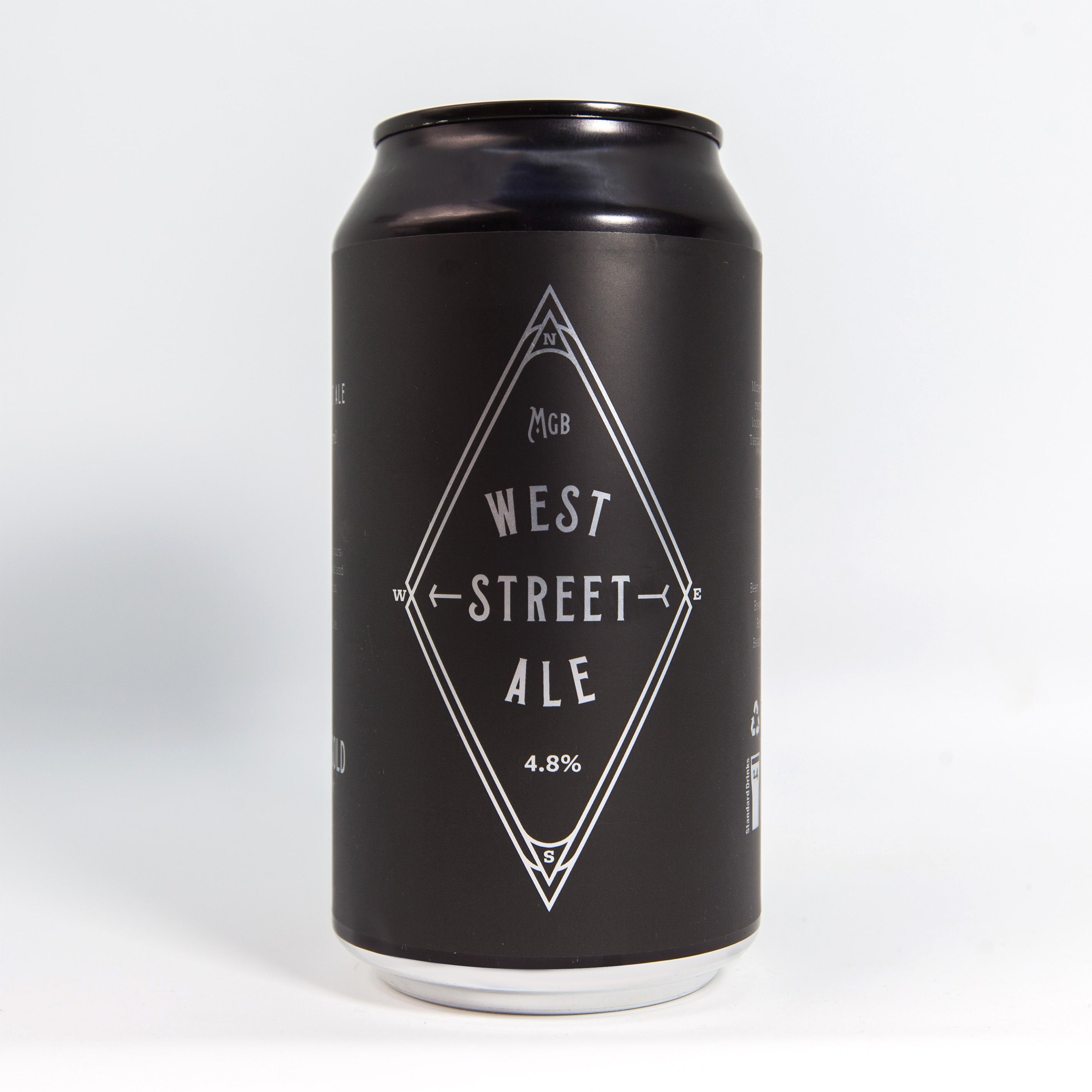This is a photo of a black can of beer that has been made by Miners Gold Brewery and it is called West Street Ale. The beer is an Ale and is 4.8% ABV