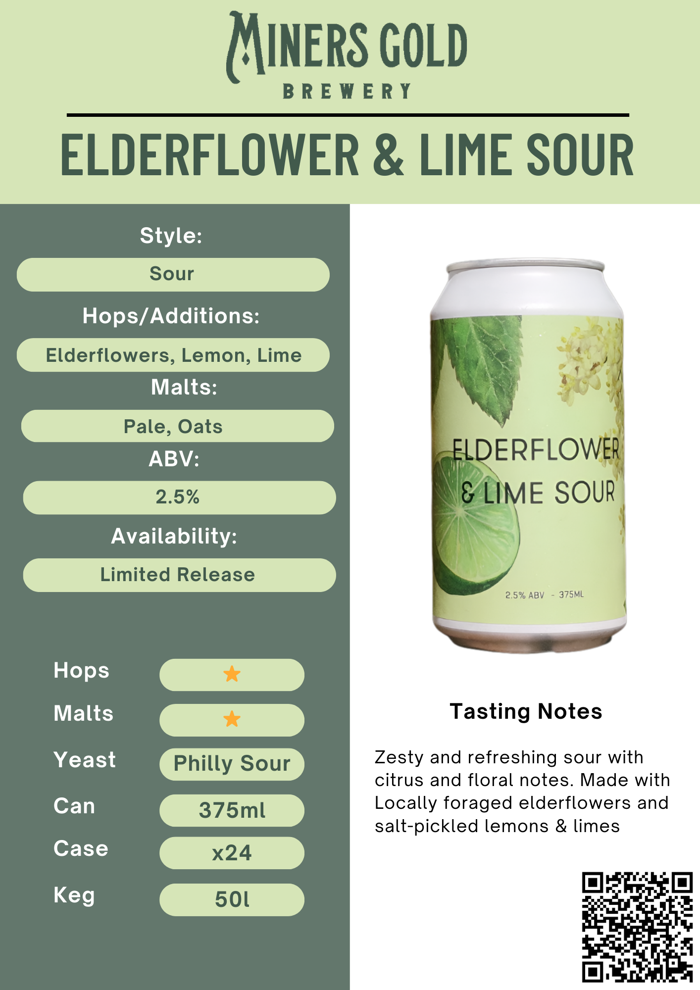 this is a poster with information about  Elderflower & Lime Sour by Miners Gold Brewery