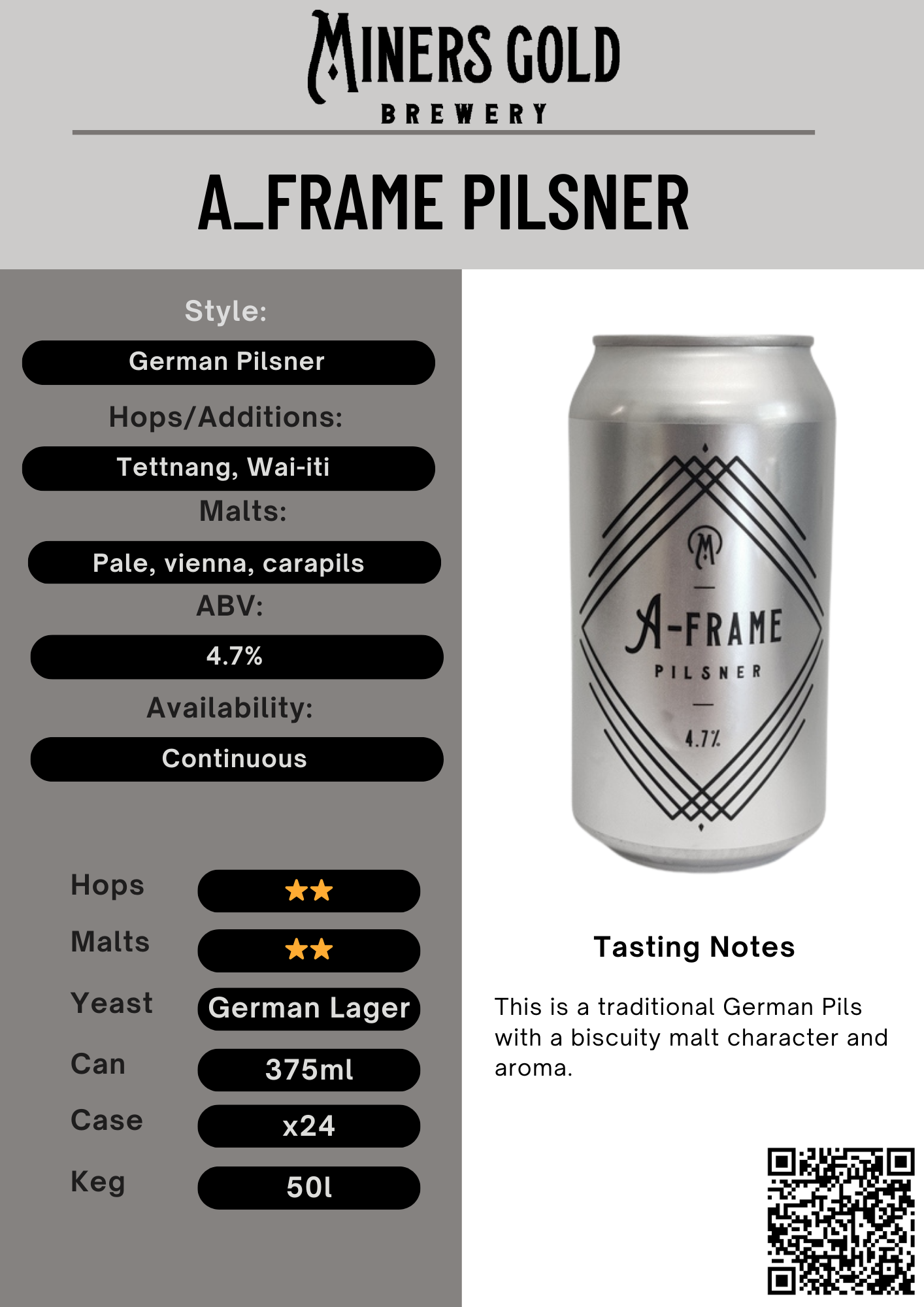 This is a poster with all the product information for A-frame Pilsner beer by Miners Gold Brewery