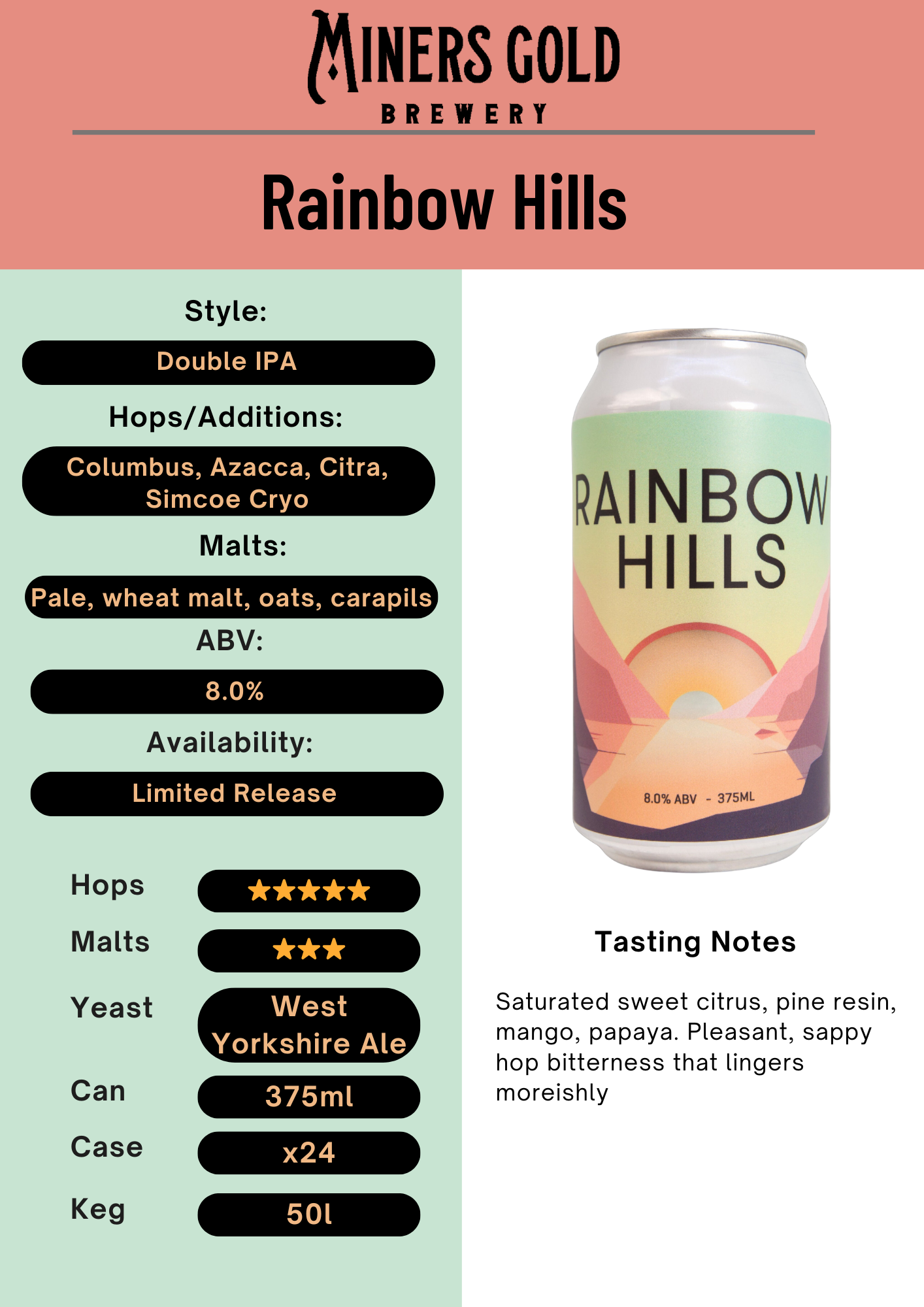 This is a poster with information about Rainbow Hills, a Double IPA Beer made by Miners Gold Brewery